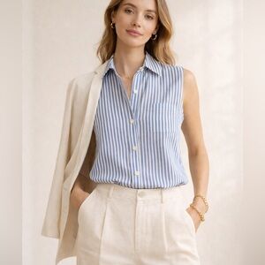 Lord & Taylor 100% Silk Blue White Striped Sleeveless Button-Down Blouse | Sz 6